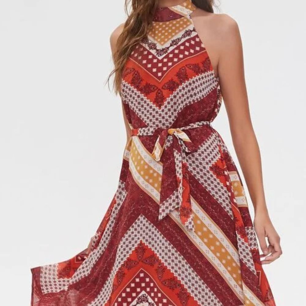 NWT High Neck Tie Waist Asymmetrical Pattern Dress - Picture 4 of 4